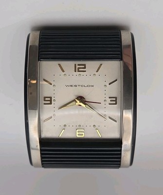 Vtg 50-60 Westclox Travalarm Luminous Black Nickel Alarm Desk Table Clock Works