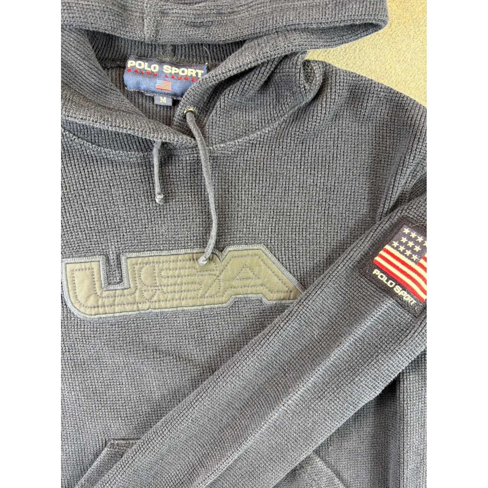 Polo Sport Hoodie Mens M Navy Blue USA Flag Waffle Knit Thermal Pullover