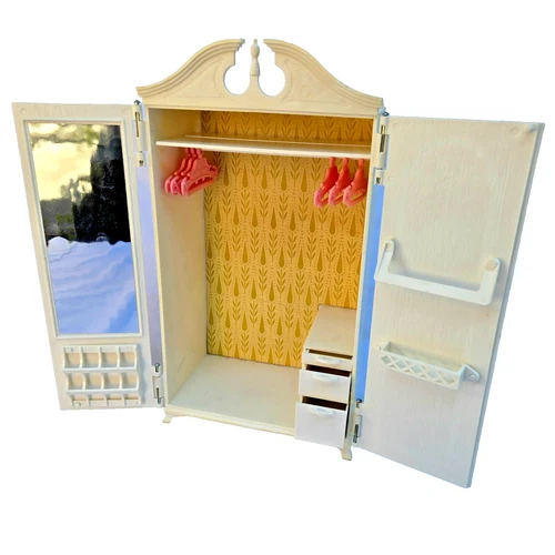 Vintage 1960's Susy Goose BARBIE Armoire Wardrobe Closet White w/ Pink Hangers