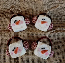 Lot of 4 Primitive Handmade Christmas Wooden Snowman Ornaments With Ear Muffs