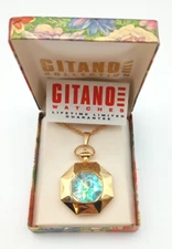 Vintage Gitano Watch Abalone Pendant Necklace (Gold Tone) w/Box New Battery