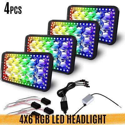 4PCS 4X6'' INCH RGB LED Headlight Halo Function Rectangular Assemblies Hi/Lo Set