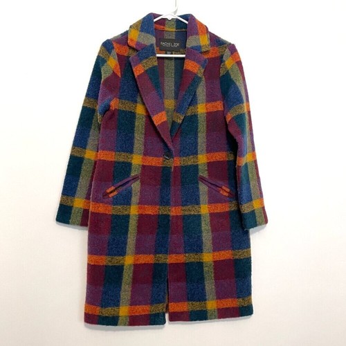 RACHEL ZOE Rainbow Plaid Red Blue Fuzzy WOOL Etc Long Trenchcoat Trench Coat XS