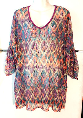 NEW MINOR IMAGE COLORFUL EMBELLISHED V-NECK MESH TOP SWIMSUIT COVER-UP SIZE 2X