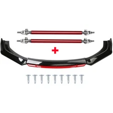 Universal Front Bumper Lip Spoiler Splitter Protector Glossy Black Red Strut Rod