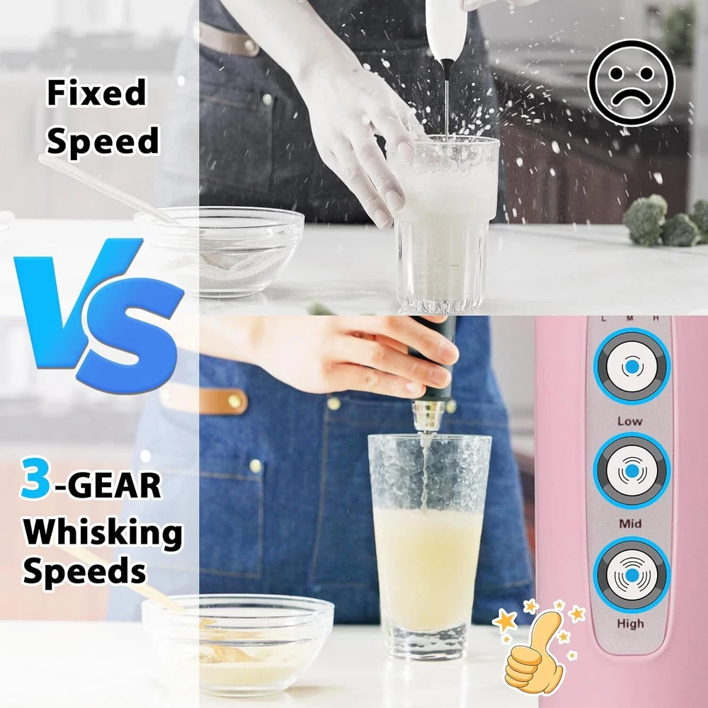 Milk Frother with Stand Rechargeable- Handheld Coffee 3 Pink
