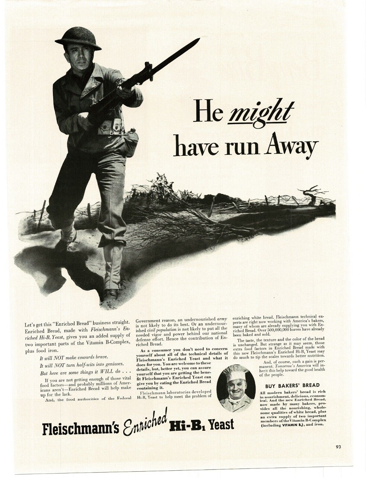 1941 Fleischmann's Yeast WWII Soldier Bayonet Charge art Vintage Print Ad