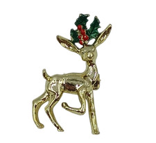 Gerry's Reindeer Brooch Pin Christmas Holly Gold Tone Holiday Fashion Vintage