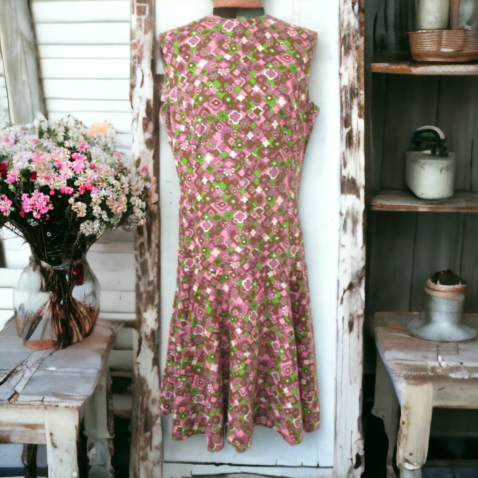 Vintage Floral Day Dress L Sheath Drop Waist Hand… - image 9