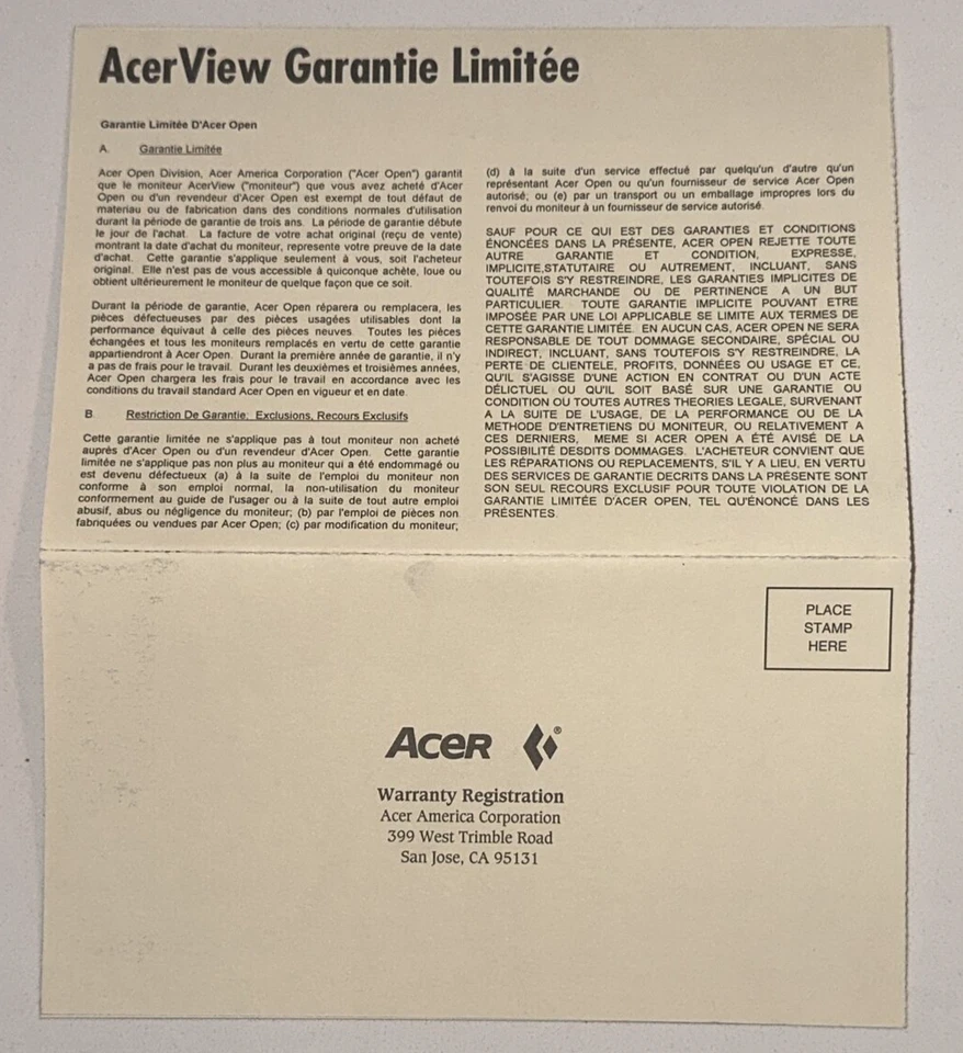 ACER ACERVIEW Computer Limited Warranty Registration Card Never Sent In San Jose - Image 3 of 4
