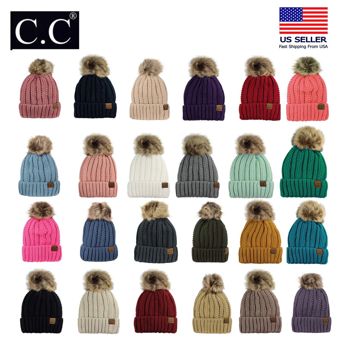 C.C Thick Cable Knit Faux Fuzzy Fur Pom Fleece Lined Skull 