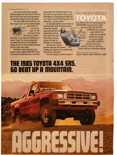 1985 Promo Print Ad Toyota 4x4 SR5 Truck Beat Up a Mountain Aggressive! 8.5"x11"