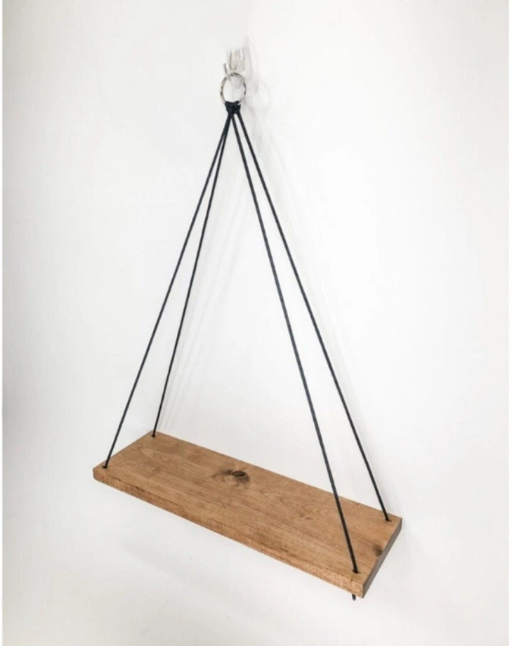 Solid Natural Wood Floating Shelves Rustic Wooden Hanging Rope Wall Shelf  - Image 3 of 4