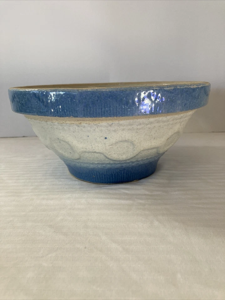 Antique Primitive Stoneware Salt Glaze Chain Rings Blue White 8" Bowl * Awesome! - Image 2 of 4