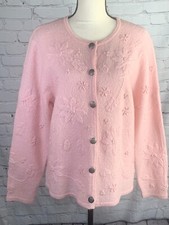Appleseed  s Women  s Baby Pink 100 Wool Cardigan Floral Applique Size PL.