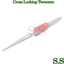 6.5" Tweezers  Cross Locking Action Firm Grip Fiber Handles Straight Tip