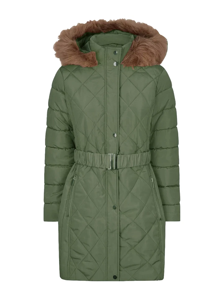 Ex Brand Womens Padded Long Jacket Quilted Belted Faux Fur Hooded Ladies Coat — 第 4/4 张图片