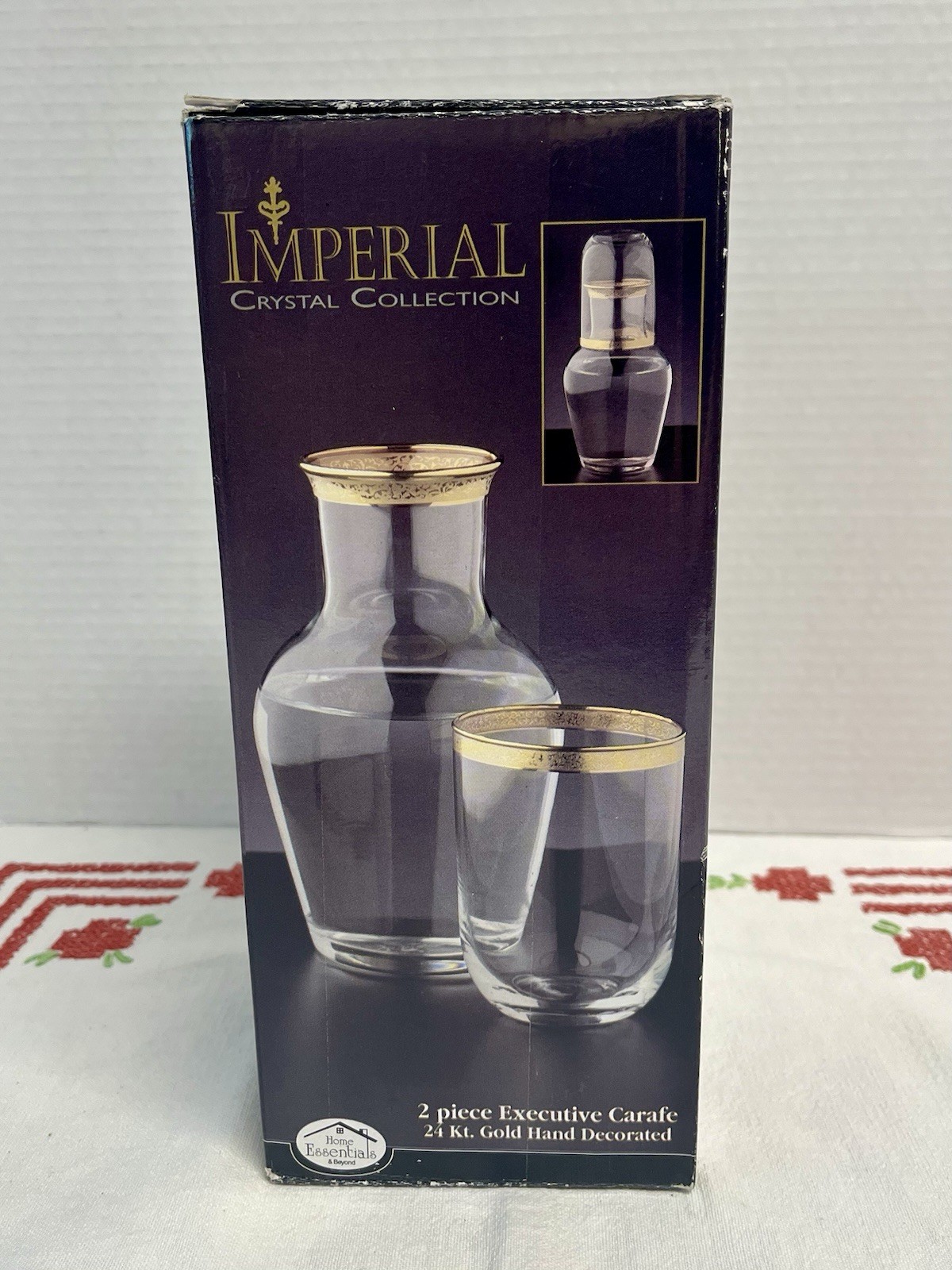 Imperial Crystal Collection Bedside Water Carafe Tumble Up 24k Gold Hand Decorated NOS, vintage glassware