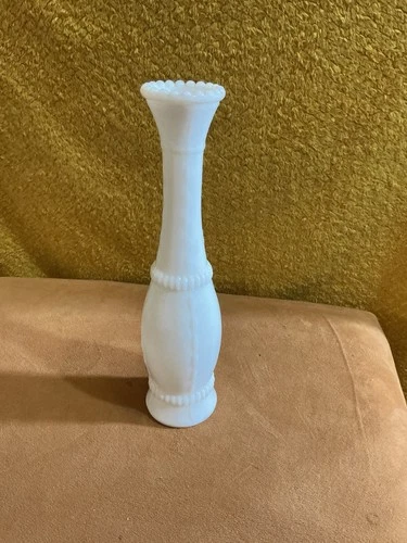 Vintage 1950s Bead and Stitch Milk Glass Bud Vase 10.5 Cottage Core Granny Boho