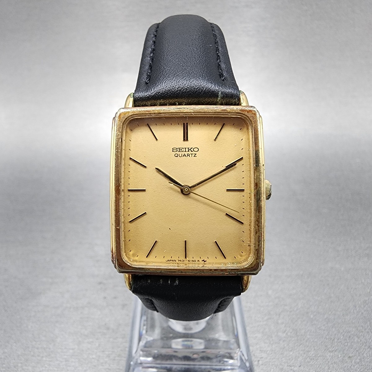 Seiko Tank Watch Men 26mm Gold Dial Gold Plated Rectangle 7431