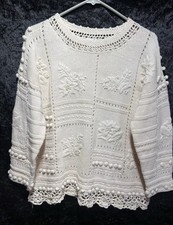 Rebecca Stone Vintage 80s 90s Women  s Sweater Sz M Cream Cottagecore Crochet Y2K
