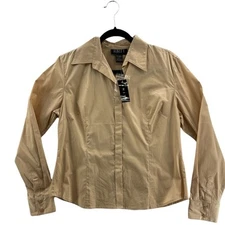 Finity Womens Button Front Shirt Beige Sand Long Sleeve Collared L New