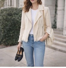 Rebecca Taylor Cream Moto Style Boucl Tweed Jacket Size 6 Retail 495