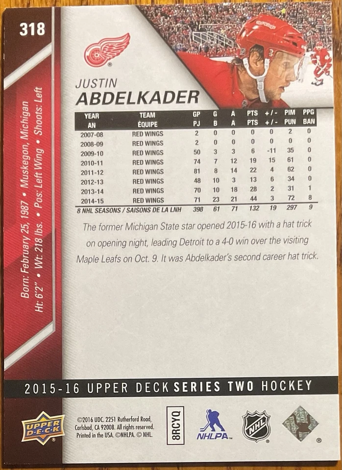 2015-16 Upper Deck Justin Abdelkader #318 Detroit Red Wings - Image 2 of 2