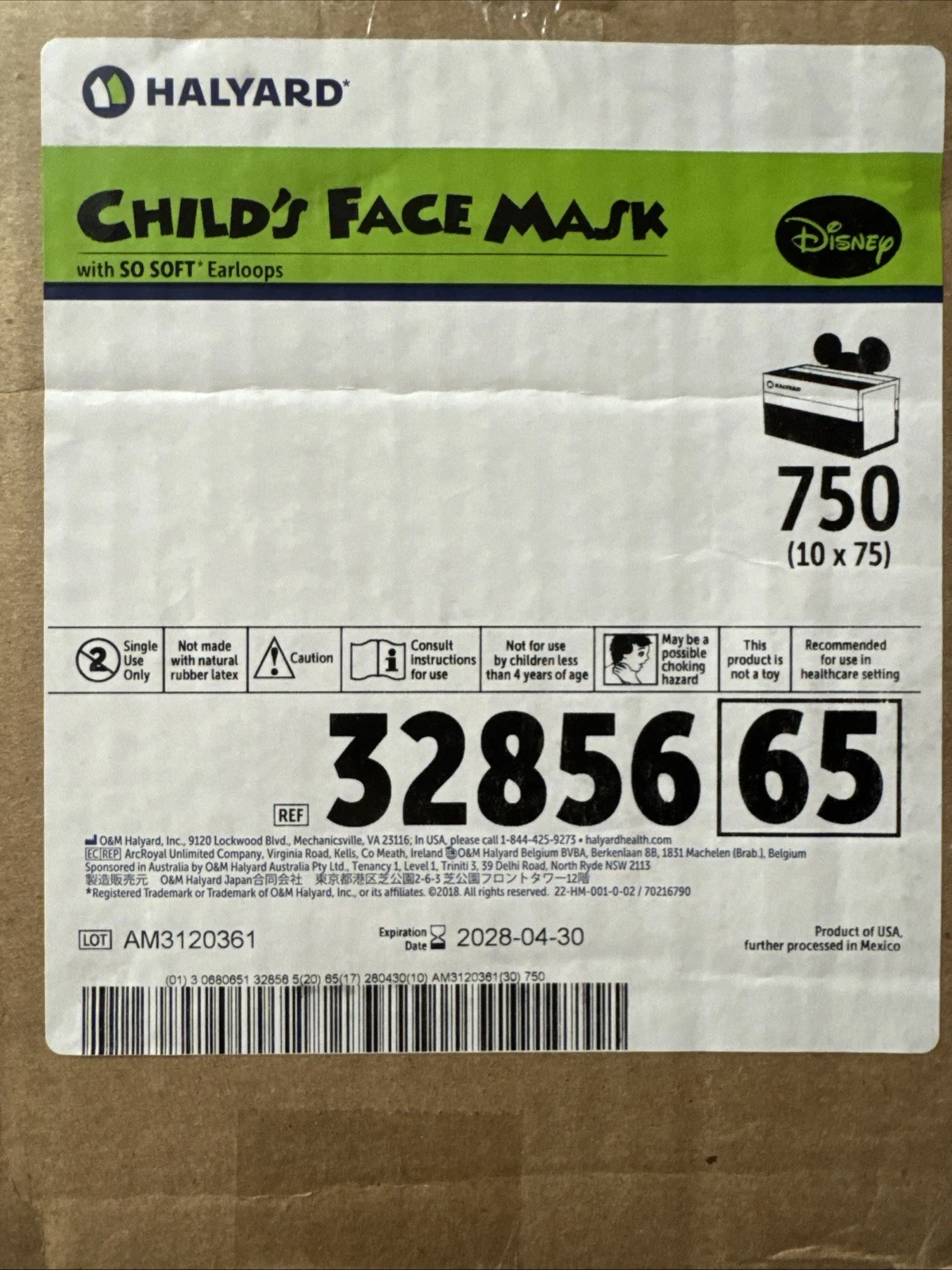 Child's Face Mask - Case of 750 Pediatric Masks, Soft Loops 2028-04-30 Exp.