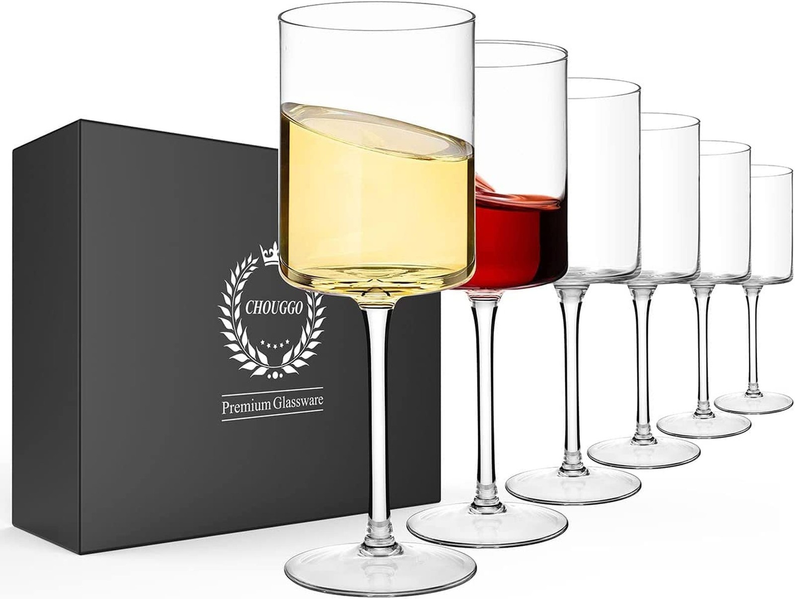Chouggo Square Wine Glasses Set of 6, Hand Blown Crystal Red Wine or White Wi...