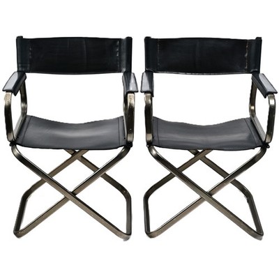 ARRBEN Original Vintage Signed MCM PAIR Italian Leather Folding Directors Chairs