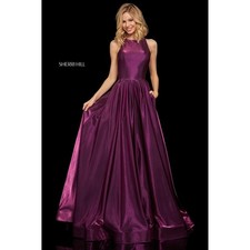 Sherri Hill 52958 Dark Purple Satin Shimmer Ball Gown Open Back Size 4 NWT