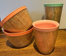 Vintage MCM Raffia Ware Behälter x4 wärmeisoliert Sackleinen Picknick Camping