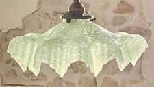 Vintage French marbled glass frilly coolie ceiling light shade green + fittings