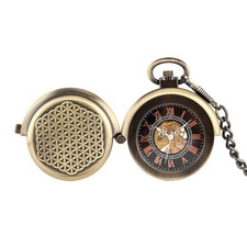 Vintage Bronze Skeleton Hand-Wind Mechanical Pocket Watch with Chain Men's Gift