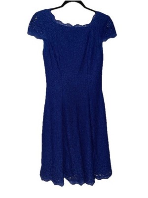 Adrianna Papell Lace Fit & Flare Dress Cap Sleeve Scallop Neckline Blue Sz 4