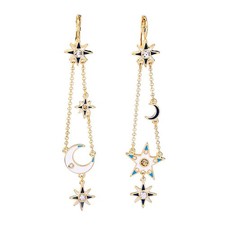 Flat Back Gold Earrings for Women - Sun Moon Star Celestial Huggie Dangle Pearl