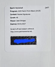 2024-25 Jalen Bridges Panini Prizm Black Rookie Signatures Auto #48 Redemption 
