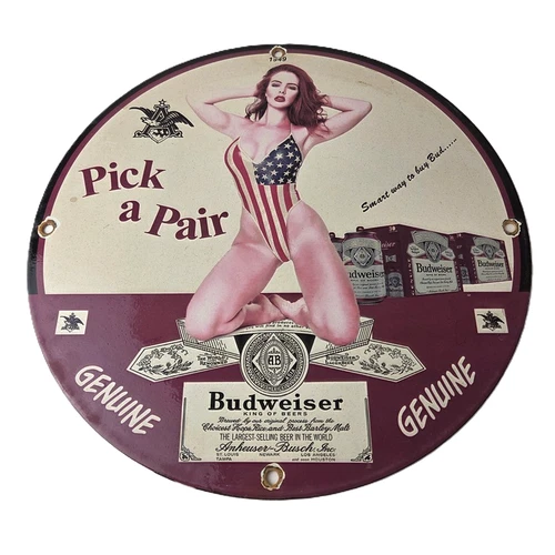 Vintage Budweiser Sign - Adult Beverage Gas Service Station Porcelain Sign