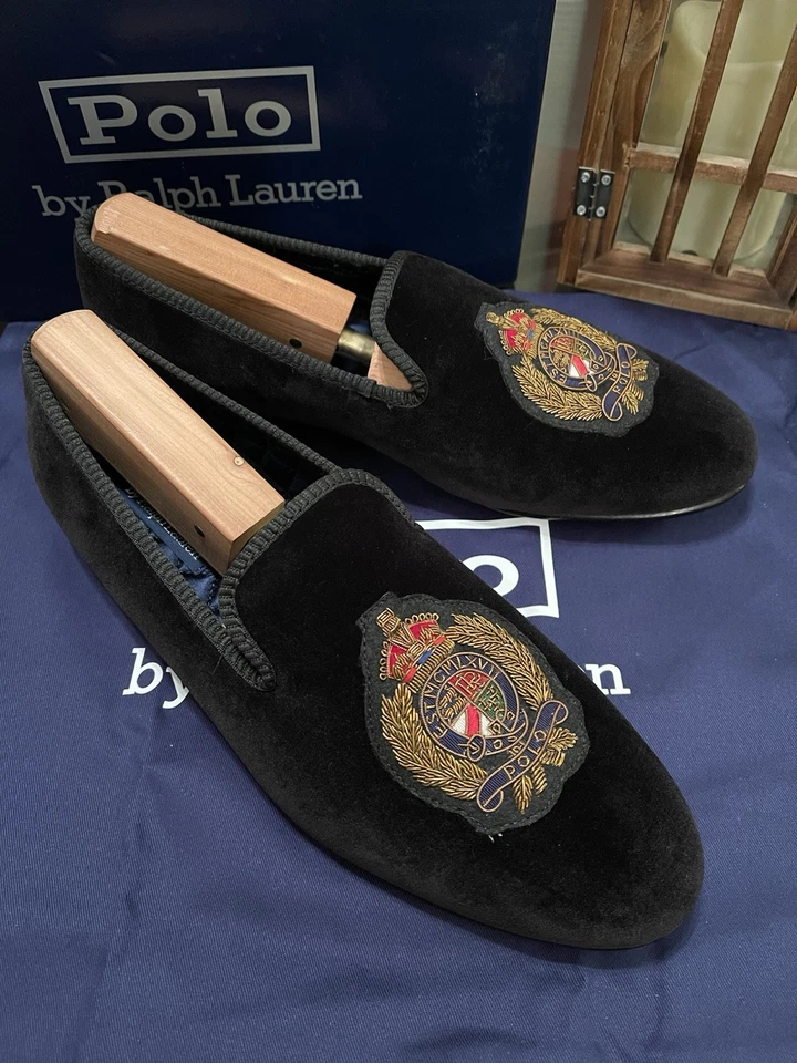Ralph Lauren Hombre Talla 10 "RL Crest" NEGRO Terciopelo Zapatillas Zapatos Nuevos En Caja Foto 2 de 4