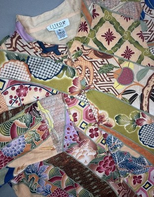 Citron Top Women's XL Peach Green Floral Asian Patchwork Blouse Boho Y2K Relaxed