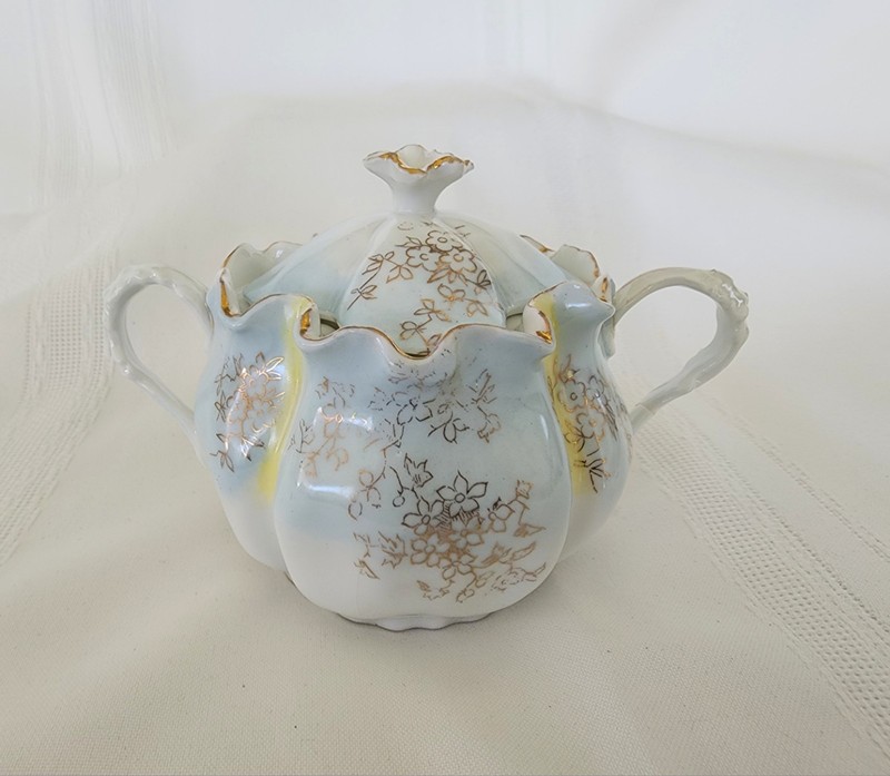Vintage German Porcelain Covered Sugar Bowl Scalloped Hand Painted  Cottagecore 