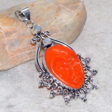 Carved Face Red Agate Rainbow Moonstone 925 Silver Plated Pendant 2.5" Trendy N7