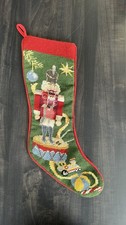 Vintage Needlepoint Nutcracker Christmas Stocking Drum Train Wool Velvet Decor