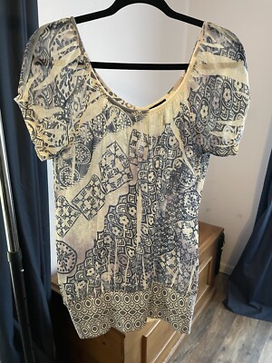 F.A.N.G Cream With Blue And Purple Screen print Sheer Top Short Sleeves SZ L