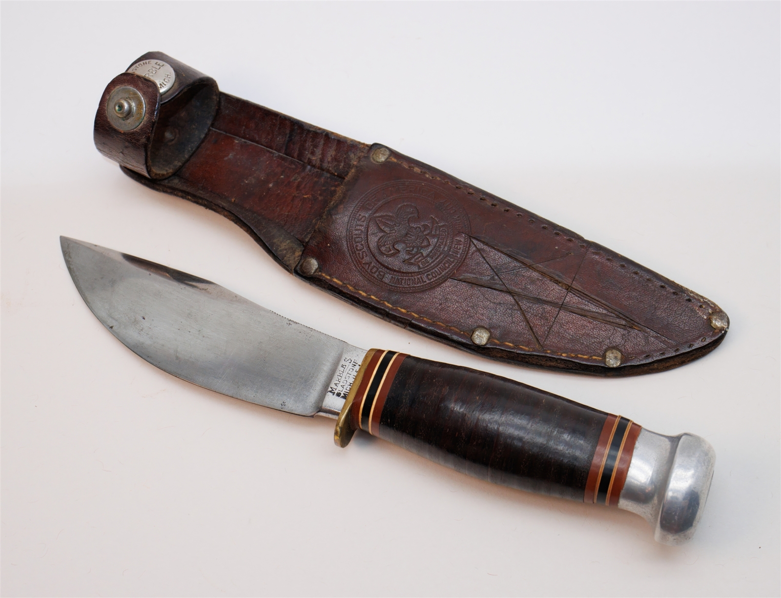 1930's Marble's Gladstone USA BSA Boy Scouts Stacked Leather Woodcraft Knife