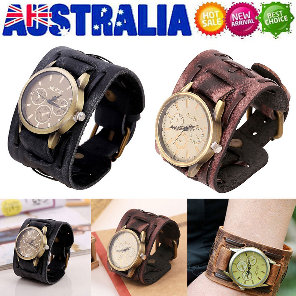Portable Men Retro Watch Band Male Wide Leather Strap Cuff Vintage Wristwatch AU