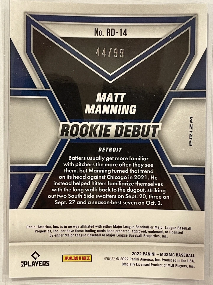 2022 Panini Mosaic Matt Manning Blue Prizm /99 Rookie Debut Insert #RD-14 Tigers - Image 2 of 3
