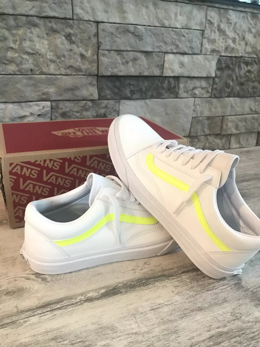 Size 8M - 9.5W - VANS Old Skool True White Neon Yellow - Tumbled Leather