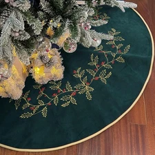 Green Christmas Tree Skirt Velvet 36 inch，Embroidered Vintage Dark Green Tree...